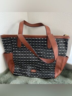 Fossil Black Patterned Tote with Brown Trim and Straps